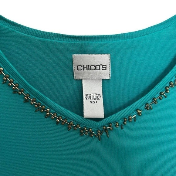 Chicos Beaded Longsleeve V Neck Top Teal Blue Size 1 US 8 - Picture 3 of 6